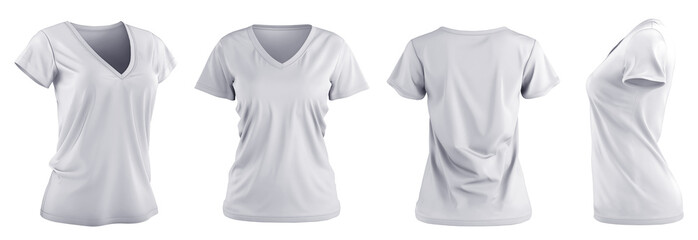 Wall Mural - Set of woman white tee t shirt v-neck slim cut, front back and side view on transparent background cutout, PNG file. Mockup template for artwork graphic design. 