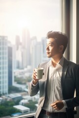 Poster - Professional man in suit with coffee cup, suitable for business concepts