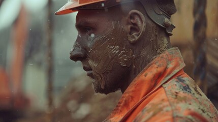Poster - A man with mud all over his face, suitable for outdoor activities promotions