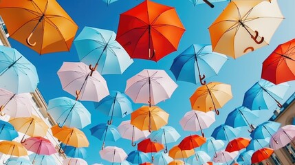 Aufkleber - Colorful umbrellas hanging from the ceiling, perfect for adding a pop of color to any space