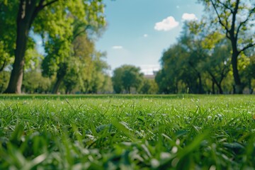 Sticker - Green grass field with trees in background. Suitable for nature concepts