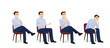 Young business man in blue shirt sitting in the chair half turn view different gestures set isolated vector illustration