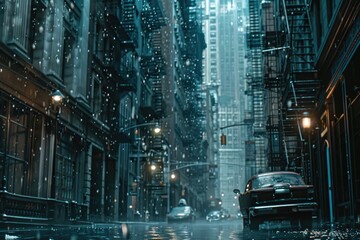 Canvas Print - A car driving down a city street in the rain, suitable for transportation concepts