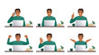 Young business man in green sweater using laptop computer sitting at the desk isolated vector illustration