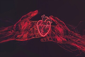 Poster - A hand holding a glowing heart in the dark. Suitable for love or Valentine's Day concepts