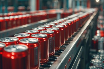 Aufkleber - A conveyor belt filled with cans of soda. Perfect for manufacturing or beverage industry concepts