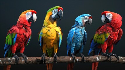 Group of colorful parrots perched on a branch. Suitable for nature or wildlife themes