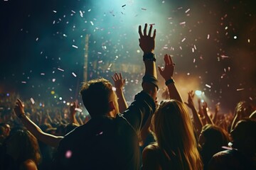 Poster - A lively concert crowd with hands raised. Ideal for music events promotion