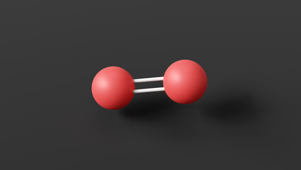 Poster - oxygen molecular structure, dioxygen, ball and stick 3d model, structural chemical formula with colored atoms