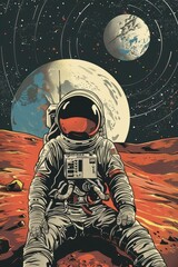 Poster - Astronaut sitting on the ground with the moon in the background. Suitable for space exploration concepts