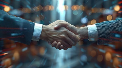 Wall Mural - Close-up business handshake between business partners, on background technology, symbolizing unity, understanding and teamwork. Generative AI.