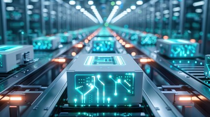 Poster - White boxes with a blue-green graphic design in the form of a schematic printed circuit board on a conveyor belt. High-tech style. Generative AI.