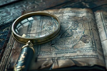 Poster - A close-up image of a magnifying glass on top of an antique book. Ideal for educational or vintage design concepts