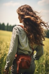 Poster - A woman walking through a field of tall grass. Suitable for nature and outdoor themes