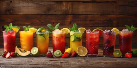 Poster - A row of glasses filled with different types of drinks. Suitable for bar and restaurant concepts