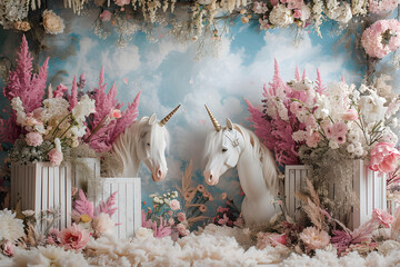 full height spring backdrop with white wood crates, two unicorns on the sides, flowers, in style of portrait photography