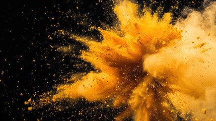 Poster - Vibrant yellow powder explosion on a dramatic black backdrop. Perfect for dynamic and energetic visual concepts