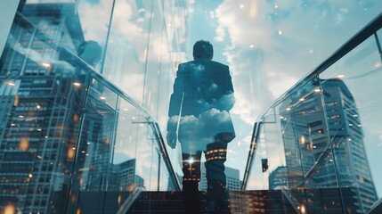 Poster - Businessman ascending staircase, suitable for career concept