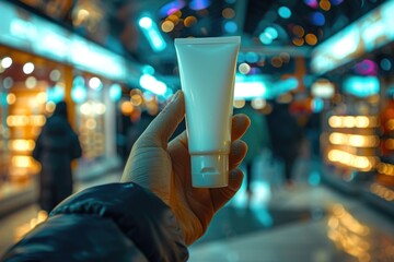 Poster - Person holding a tube of cream, suitable for beauty and skincare concepts