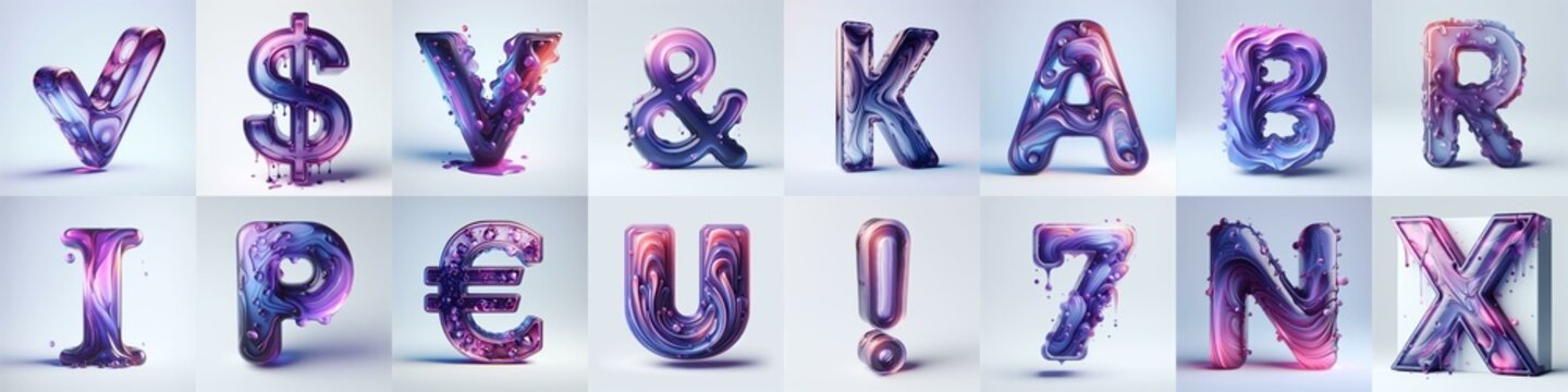 Violet glass 3D Lettering Typeface. AI generated illustration
