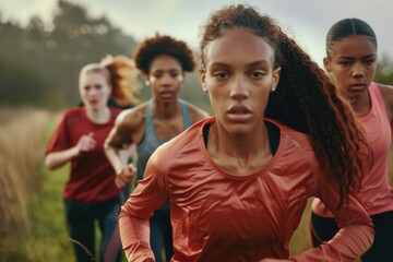 Poster - Group of women running in a field, suitable for fitness or teamwork concepts