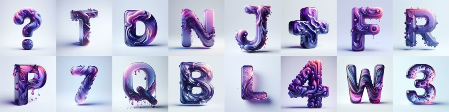 Violet glass 3D Lettering Typeface. AI generated illustration