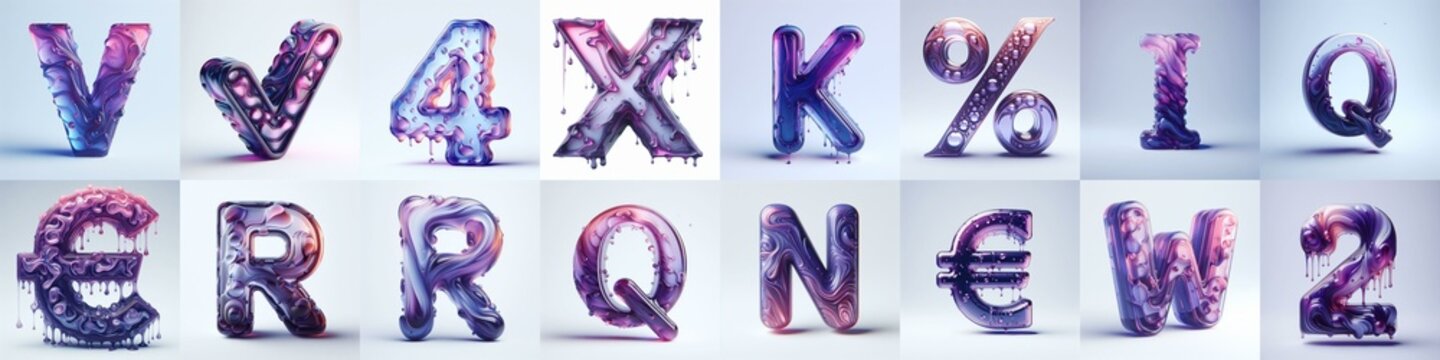 Violet glass 3D Lettering Typeface. AI generated illustration