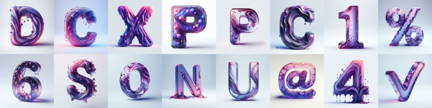 Violet glass 3D Lettering Typeface. AI generated illustration
