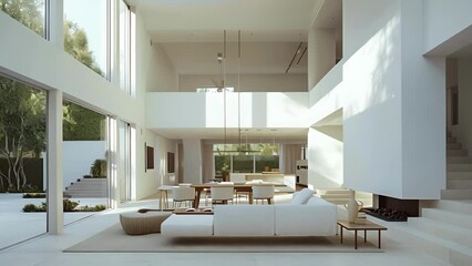 Wall Mural - Designed to create harmony and balance this minimalist house features a minimalist interior with high ceilings white walls and simple yet elegant furnishings.