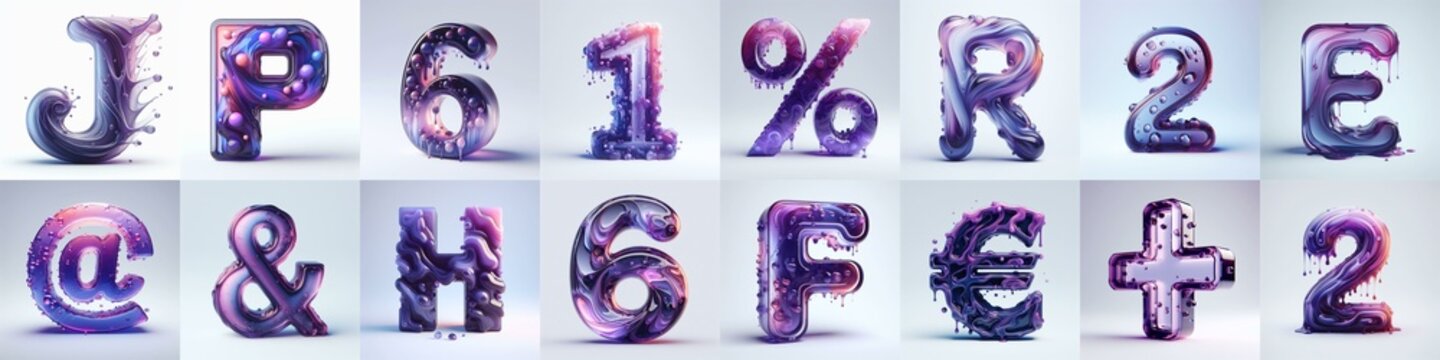 Violet glass 3D Lettering Typeface. AI generated illustration