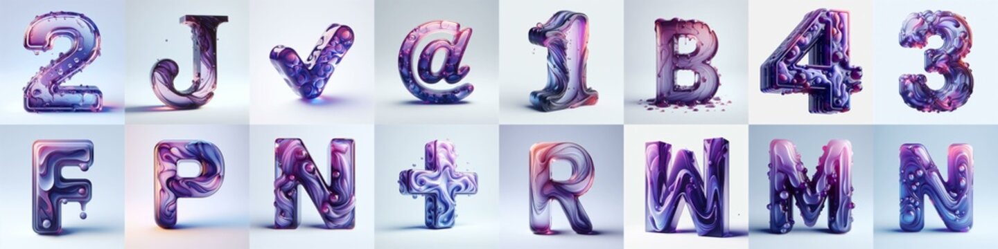 Violet glass 3D Lettering Typeface. AI generated illustration