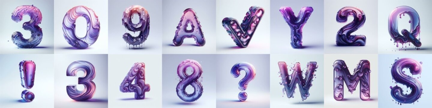 Violet glass 3D Lettering Typeface. AI generated illustration
