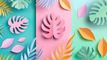 Poster - Colorful paper cut leaves on a vibrant background, perfect for design projects