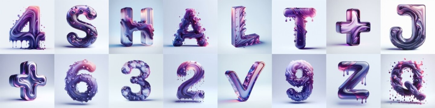 Violet glass 3D Lettering Typeface. AI generated illustration