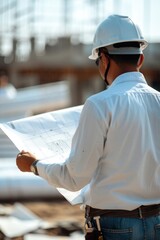 Poster - A man in a hard hat holding a blueprint. Ideal for construction industry concepts