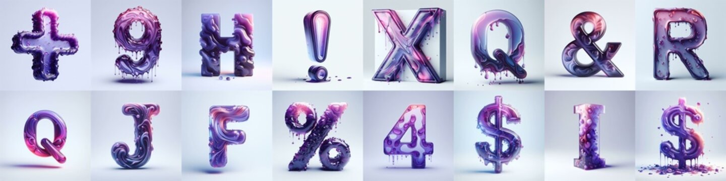 Violet glass 3D Lettering Typeface. AI generated illustration