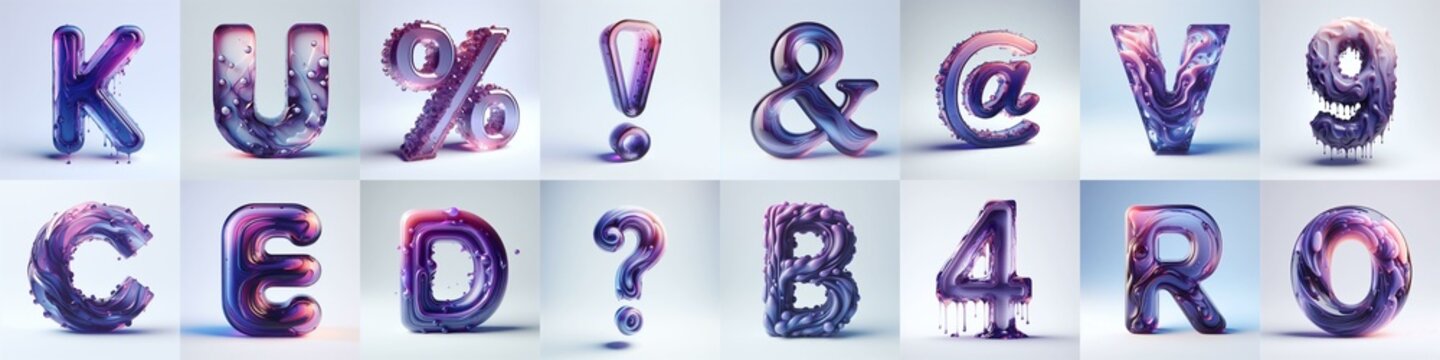 Violet glass 3D Lettering Typeface. AI generated illustration