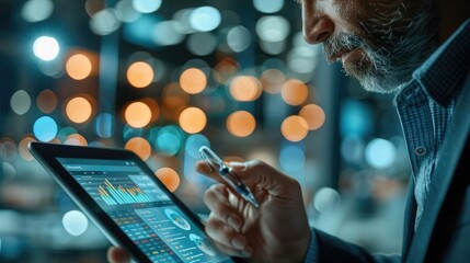 Poster - Close-up of a seasoned investor hands analyzing financial charts on a tablet, with a backdrop of a modern office. Generative AI.