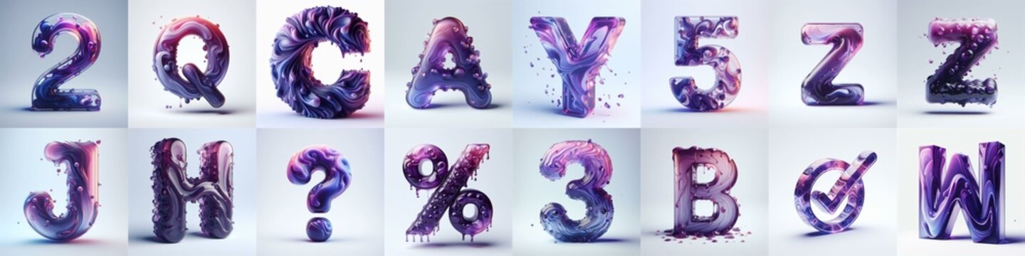 Violet glass 3D Lettering Typeface. AI generated illustration
