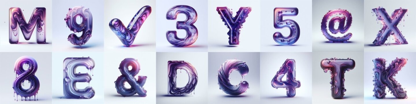 Violet glass 3D Lettering Typeface. AI generated illustration
