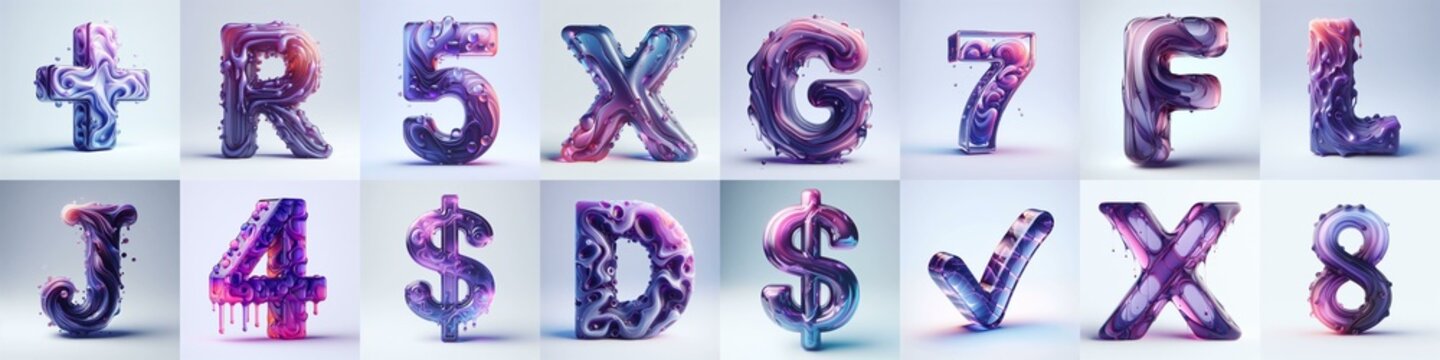 Violet glass 3D Lettering Typeface. AI generated illustration