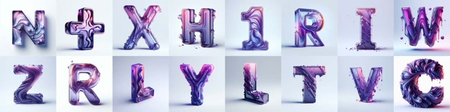 Violet glass 3D Lettering Typeface. AI generated illustration