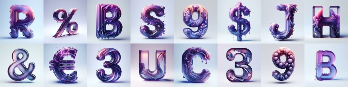 Violet glass 3D Lettering Typeface. AI generated illustration