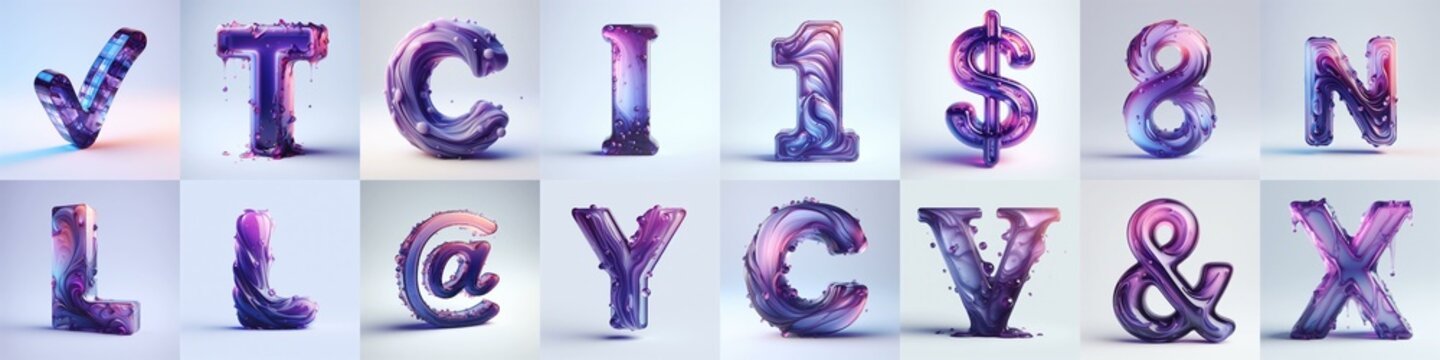 Violet glass 3D Lettering Typeface. AI generated illustration