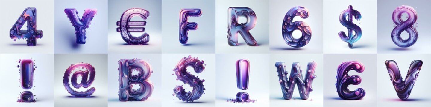 Violet glass 3D Lettering Typeface. AI generated illustration