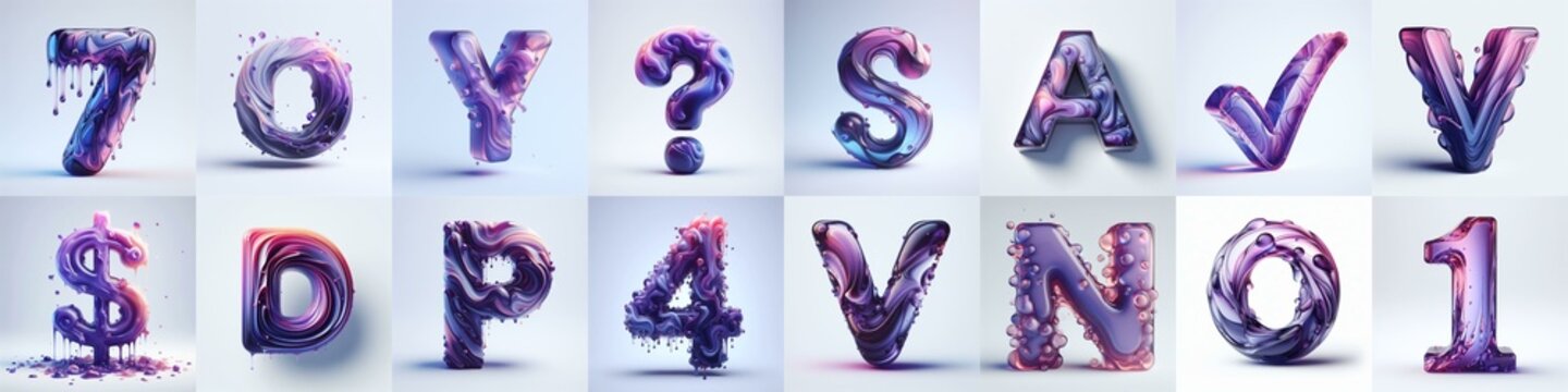 Violet glass 3D Lettering Typeface. AI generated illustration
