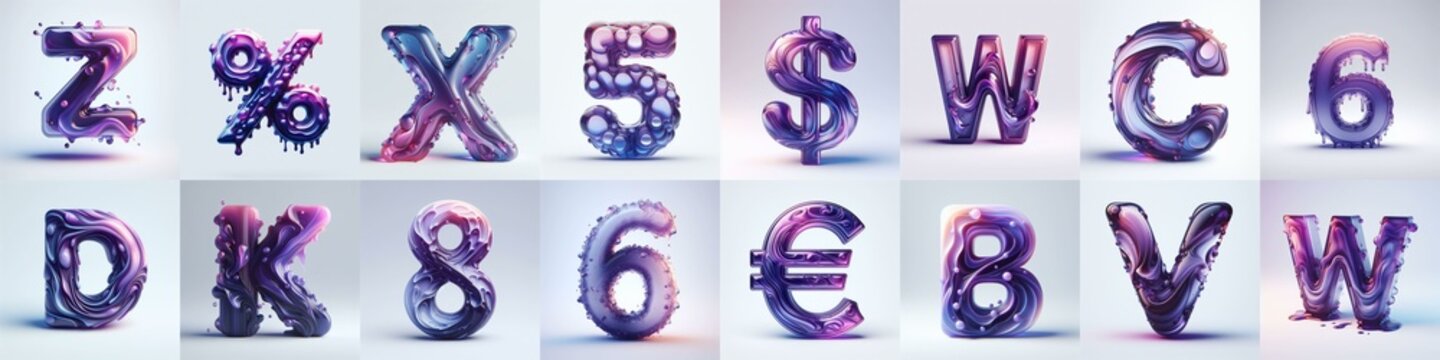 Violet glass 3D Lettering Typeface. AI generated illustration
