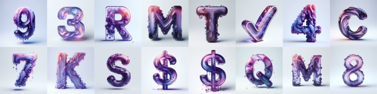 Violet glass 3D Lettering Typeface. AI generated illustration