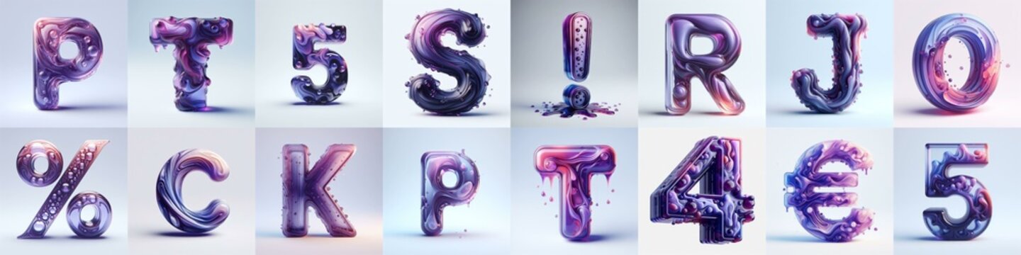 Violet glass 3D Lettering Typeface. AI generated illustration