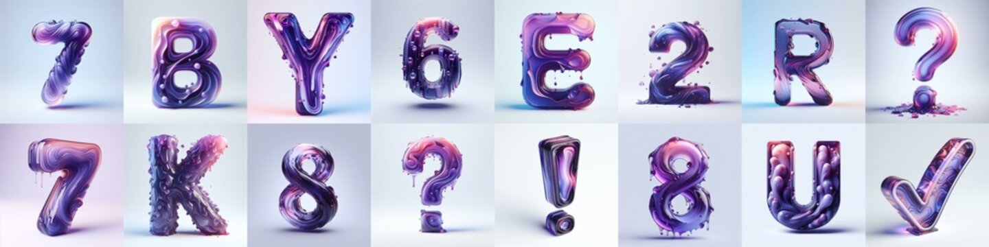 Violet glass 3D Lettering Typeface. AI generated illustration